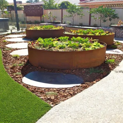 Vaso da fiori/bordo da giardino circolare in metallo arrugginito