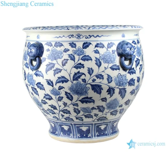 Cina Jingdezhen fioriera in porcellana bianca e blu con testa di leone, giardino domestico, vaso di fiori in ceramica, laghetto per pesci